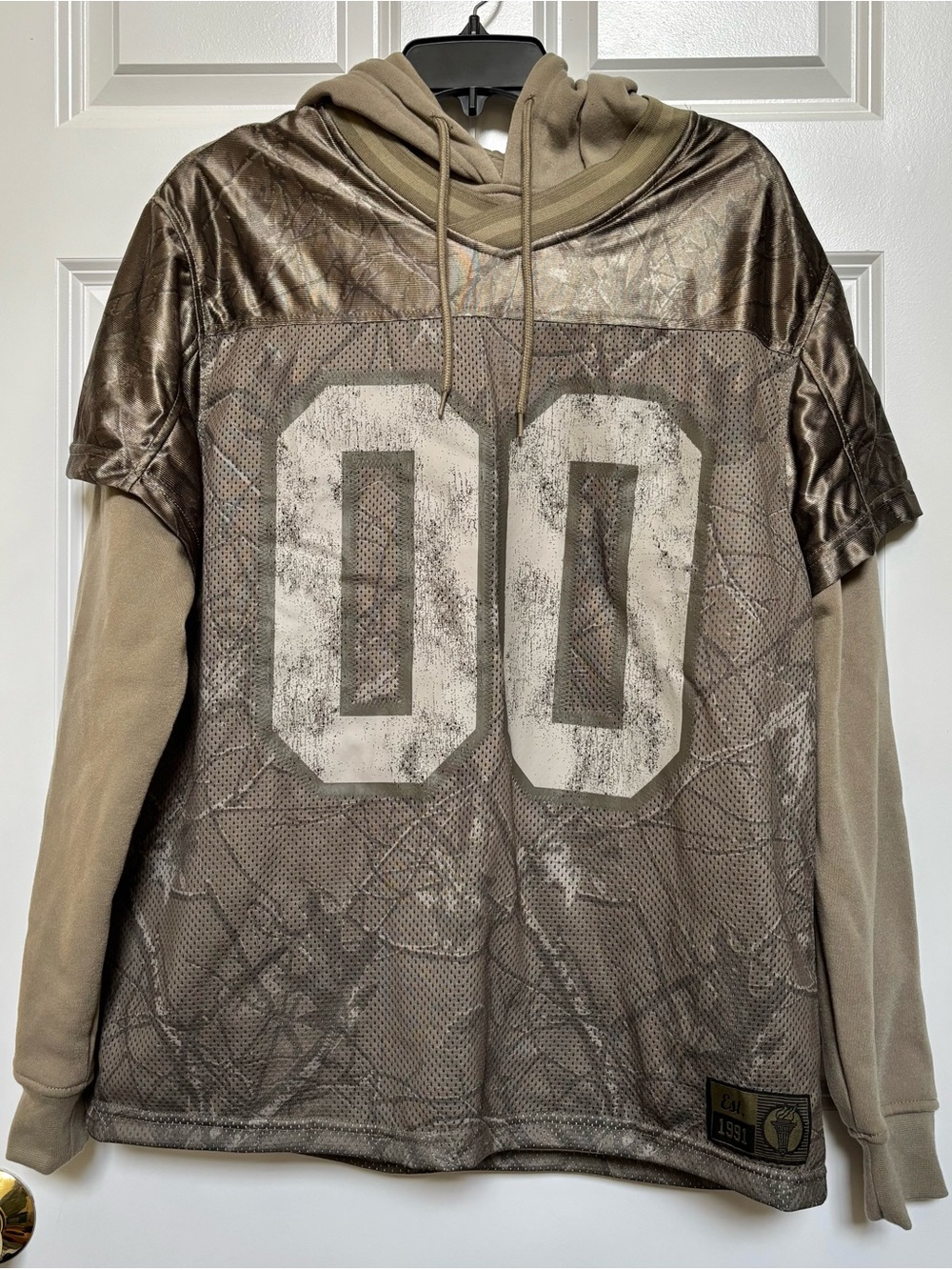 Brooklyn Cloth Men's Layered-Look V-Neck Hoodie Sweater in Taupe and Olive